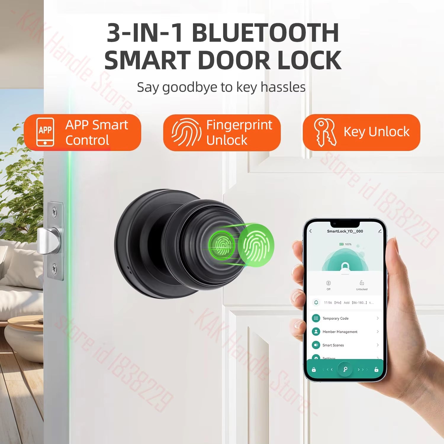Fingerprint Door Lock with Knob Cylinder Smart Lock Keyless Entry Door Lock with APP Black Smart Fingerprint Lock Door Knob